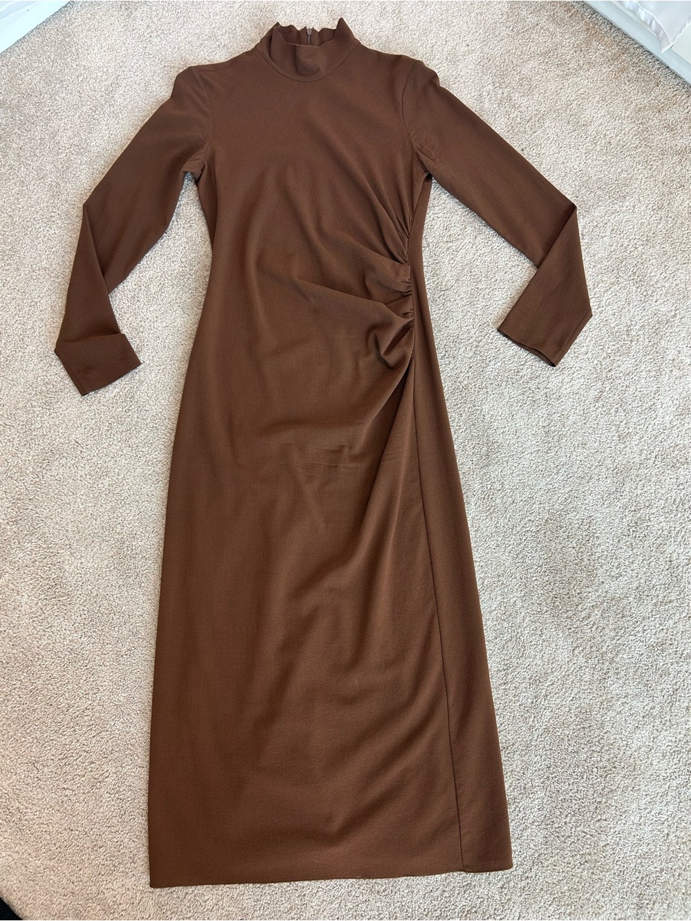 Zara Brown Long Sleeve Mock Neck Twist Detail Midi Dress Sz L stretchy classy - Picture 5 of 11
